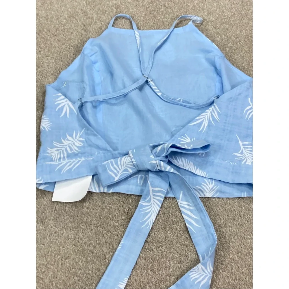 Hyfve Palm Leaf Print Tie Back Halter Crop Top Women L Pastel Blue Vacation Boho